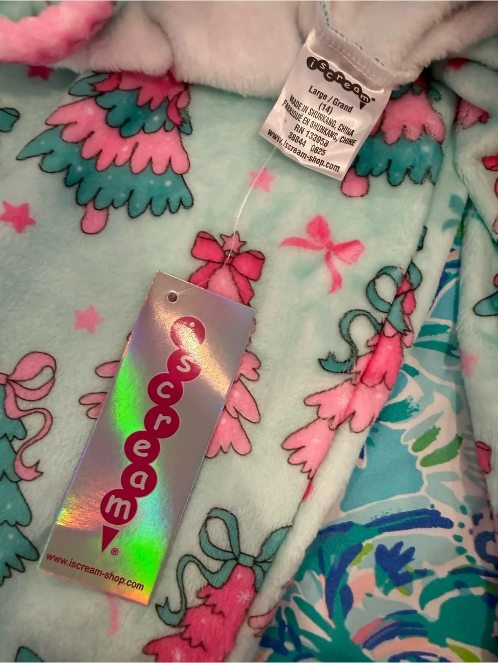 Girls' Mint Green Pink Holiday Tree Fleece pajama pants. Size girls XL